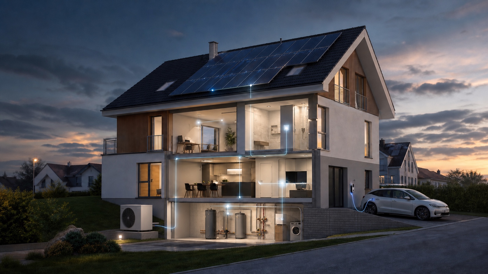 Modernisiertes Wohnhaus im Schnitt mit Photovoltaik, W&auml;rmepumpe, Geb&auml;udetechnik und Ladepunkt
